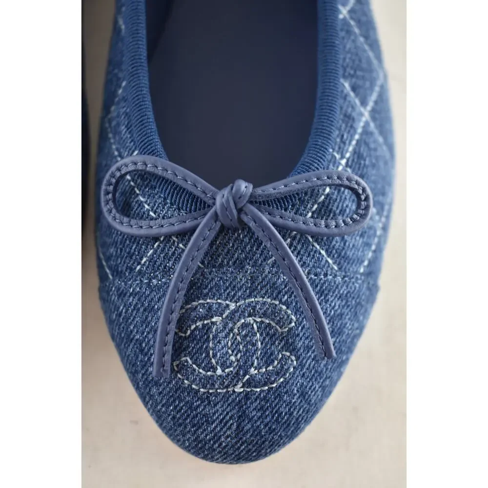 Chanel 26P Washed Denim Blue Quilted CC Logo Bow Tie Ballet Ballerina Flat 35 - Picture 10 of 16